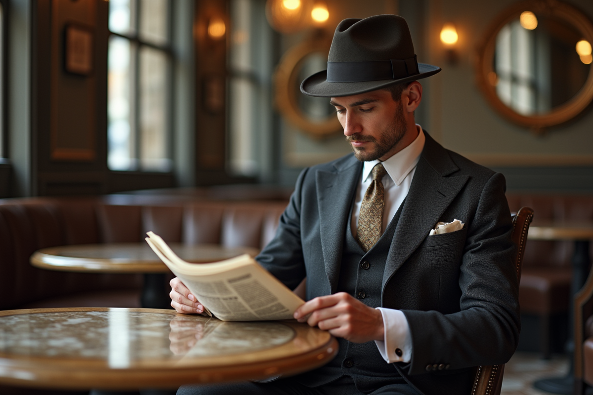 Homme en costume vintage dans un café parisien