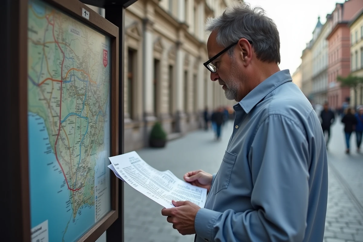 Homme regardant une carte de ville roumaine en extérieur