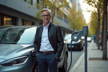 Homme d'âge moyen chargeant une voiture électrique en ville