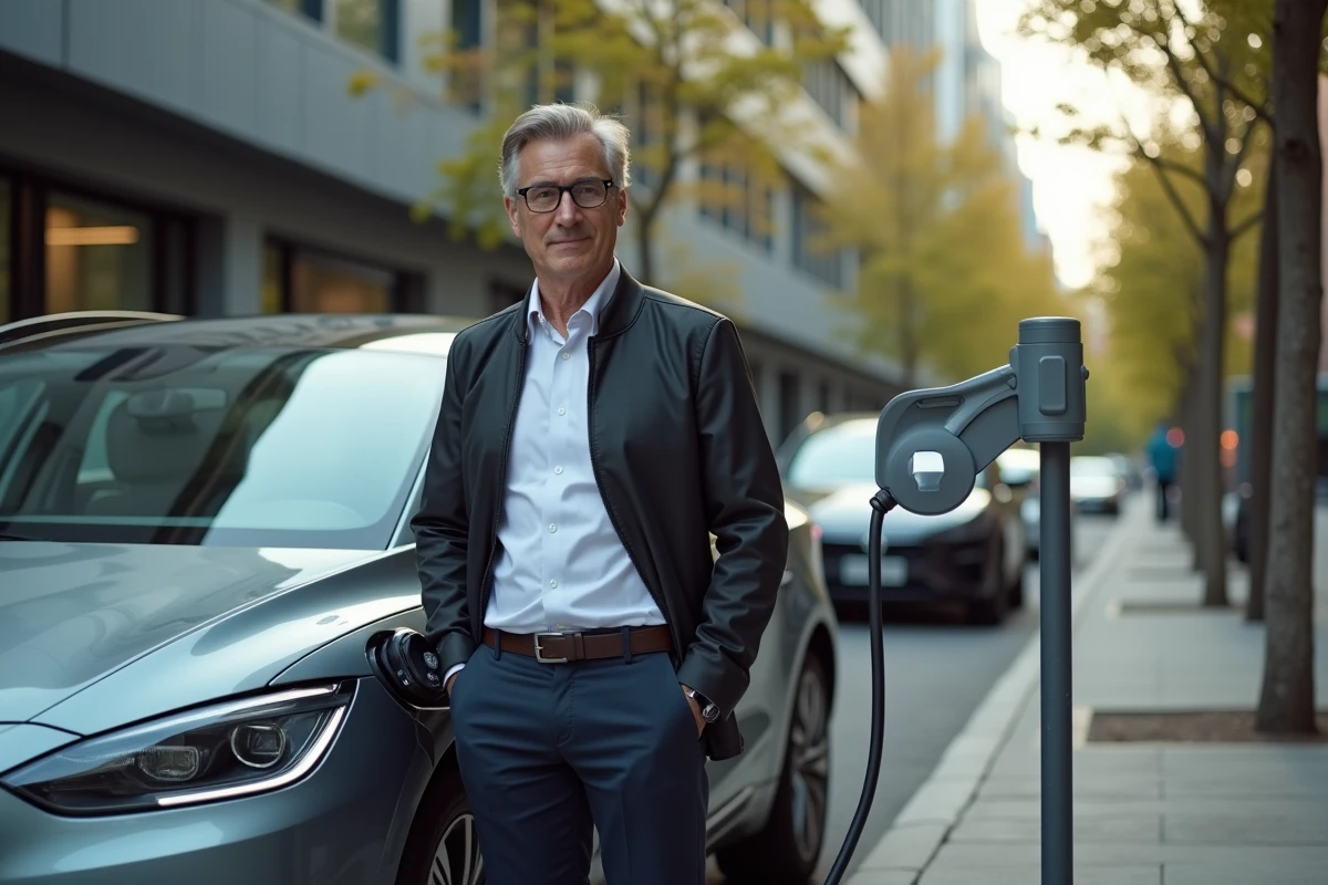 Homme d'âge moyen chargeant une voiture électrique en ville