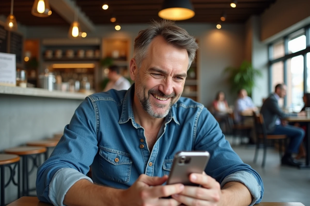 Homme consultant le mot du jour Codycross sur son smartphone dans un café