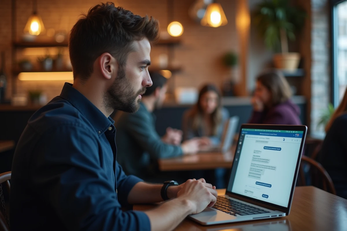 Homme dans un café comparant plusieurs plateformes de tchat en ligne sur son ordinateur