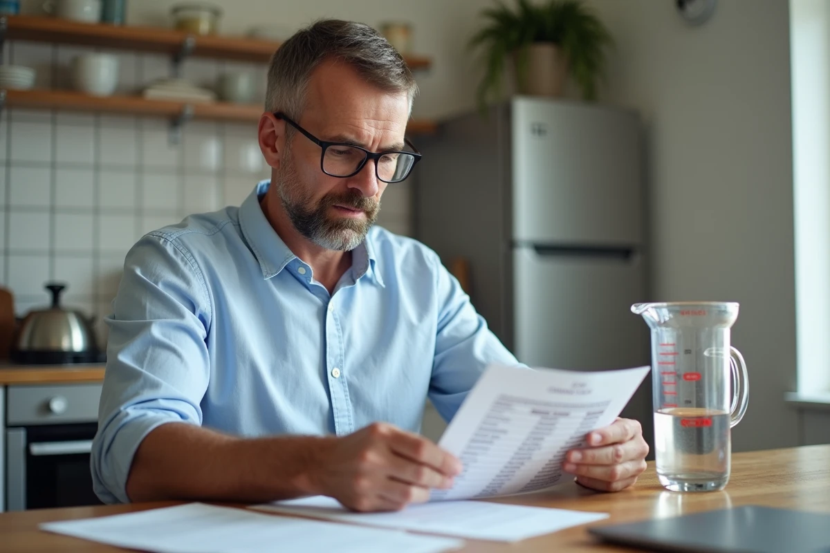 Homme lisant un tableau de conversion dans la cuisine