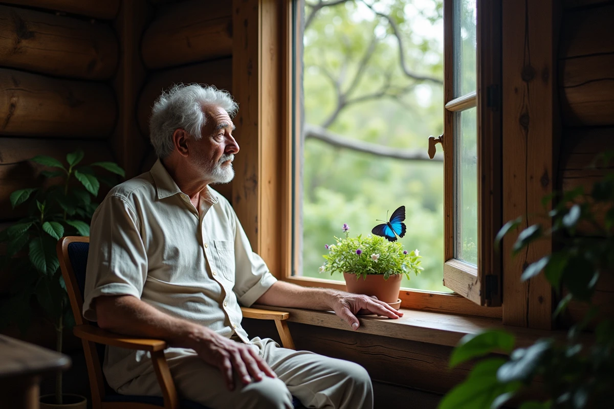 Homme âgé regardant un papillon bleu sur la fenêtre d