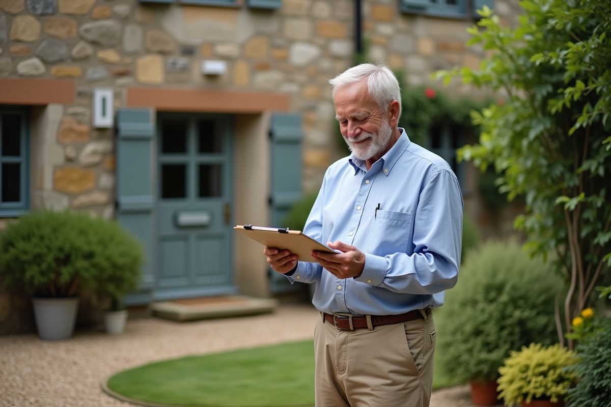 Homme âgé dans un jardin examine un carnet et calculatrice