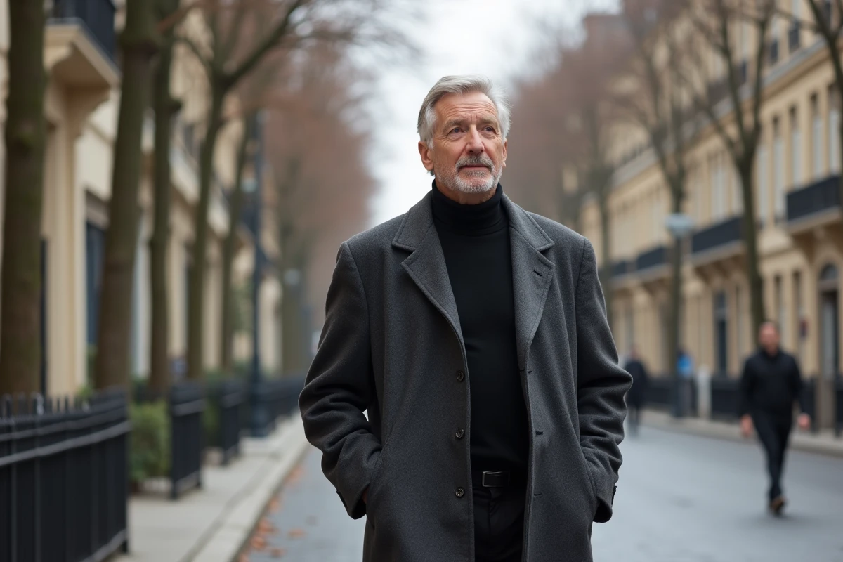 Homme grand en manteau de laine marchant sur un boulevard parisien haussmannien en automne