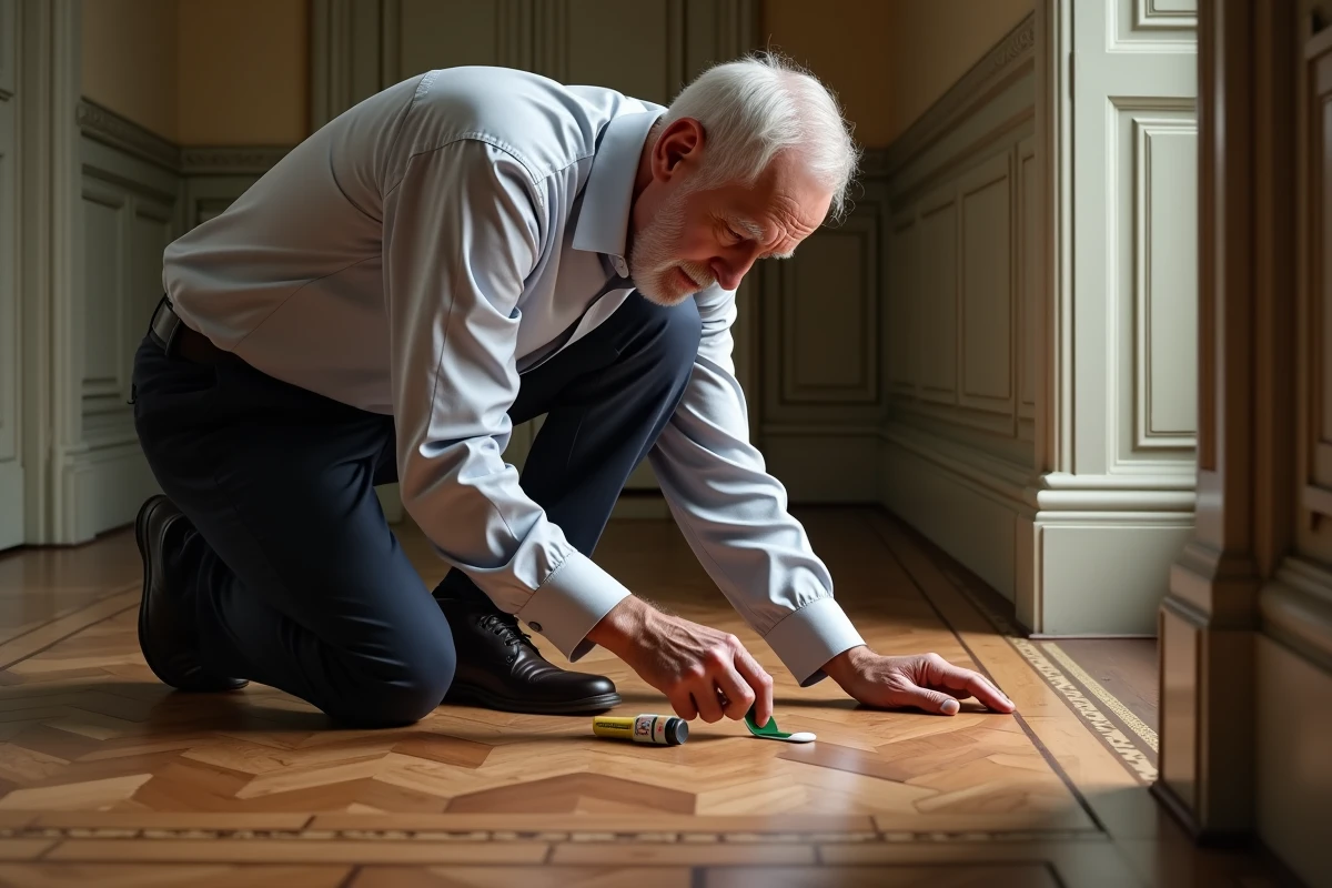 Homme inspectant parquet en chevrons dans un couloir élégant