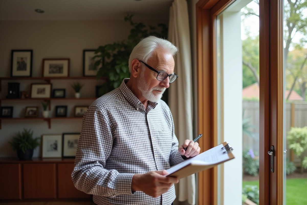 Homme âgé évaluant des détails dans le salon