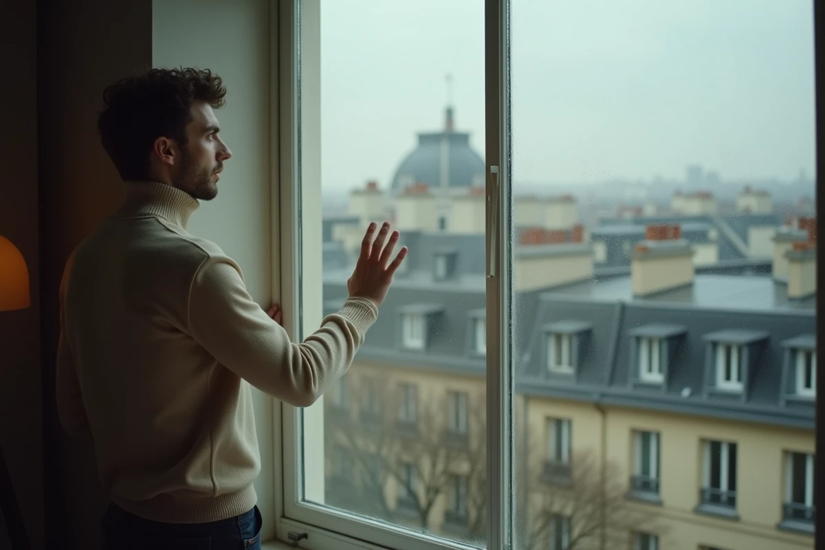 Jeune homme mélancolique regardant par une fenêtre parisienne pluvieuse, reflétant l'isolement intérieur d'un artiste en souffrance