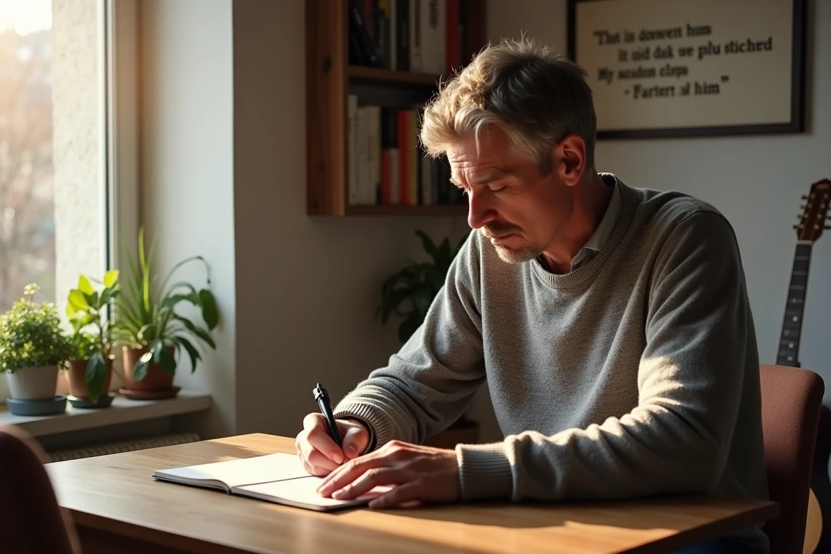 Homme écrit une citation musicale dans un carnet