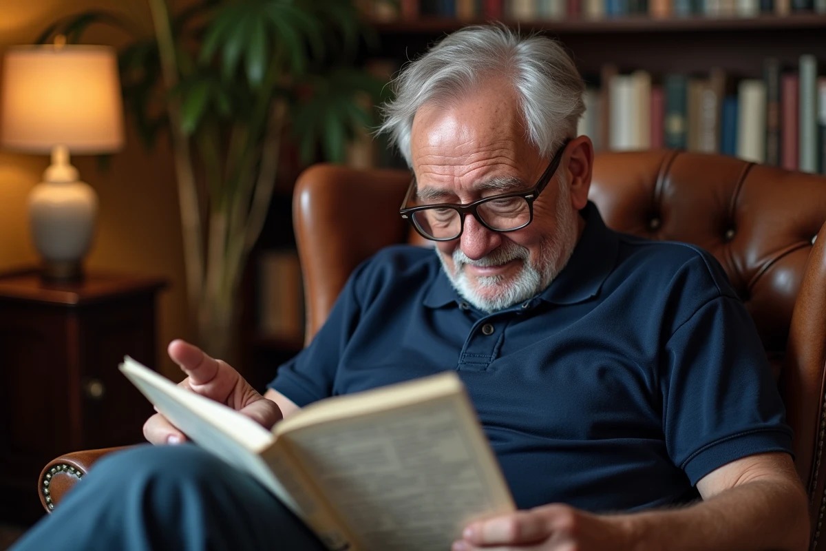 Homme retraité avec des lunettes résolvant un magazine de mots fléchés dans un fauteuil vintage
