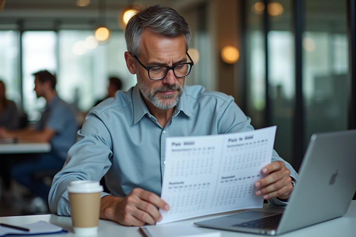 Homme étudiant un calendrier Excel imprimé dans un bureau ouvert