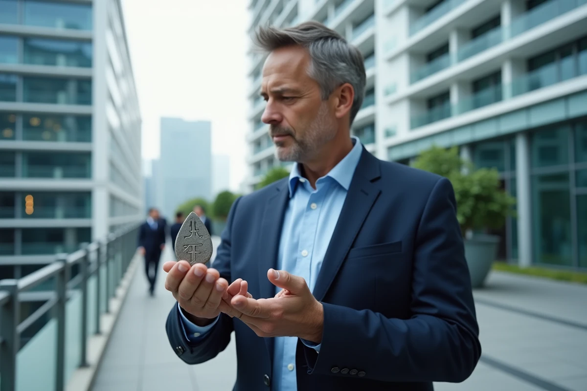 Homme contemplant une rune sur une terrasse urbaine