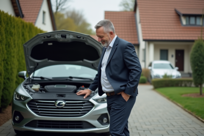 Homme d'affaires examine le moteur d'une voiture en extérieur
