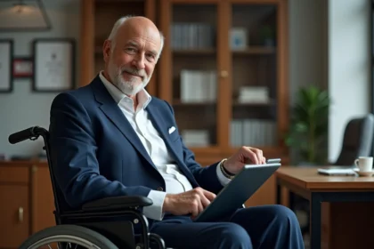 Homme senior en fauteuil moderne dans un bureau élégant