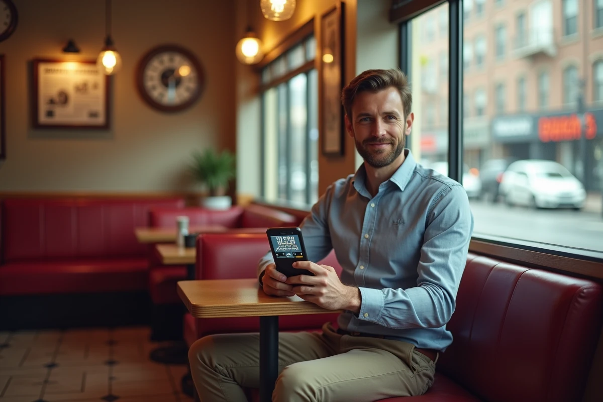 Homme vérifiant l'heure de Washington sur son smartphone dans un café américain
