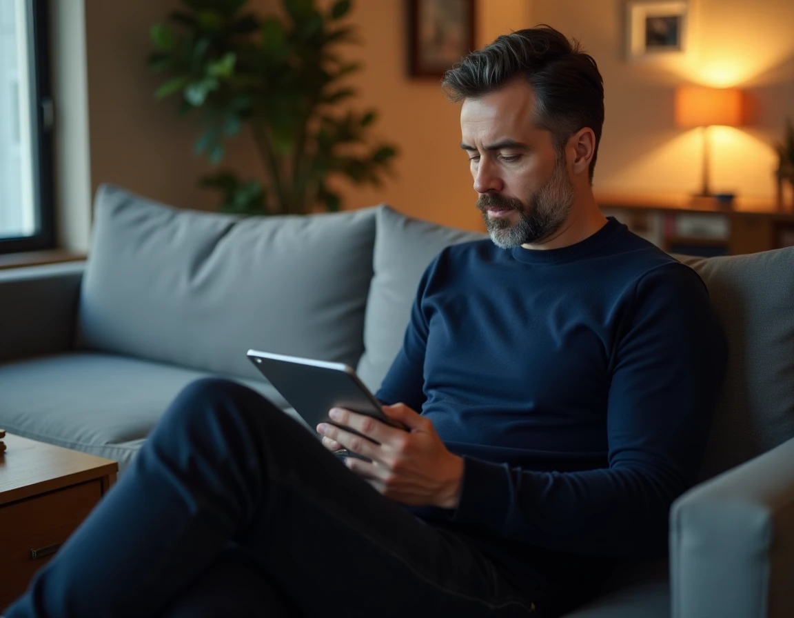 Homme consultant une tablette affichant un message d'erreur de site web indisponible, cherchant une solution alternative