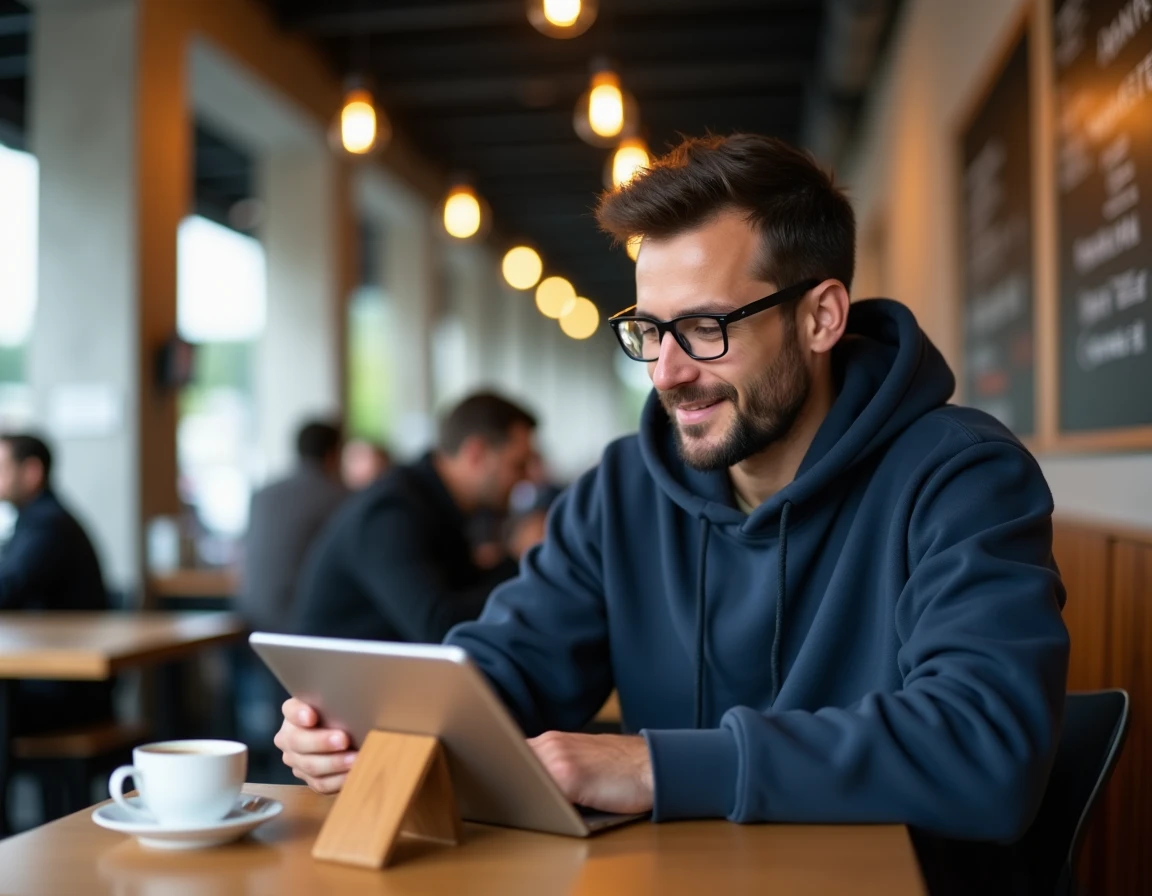 Homme consultant un site de bons plans et cashback sur tablette dans un café moderne