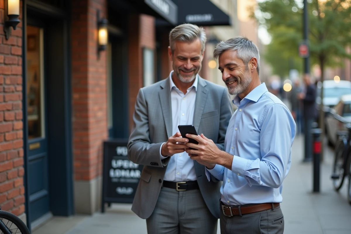 Homme souriant montrant son smartphone en ville