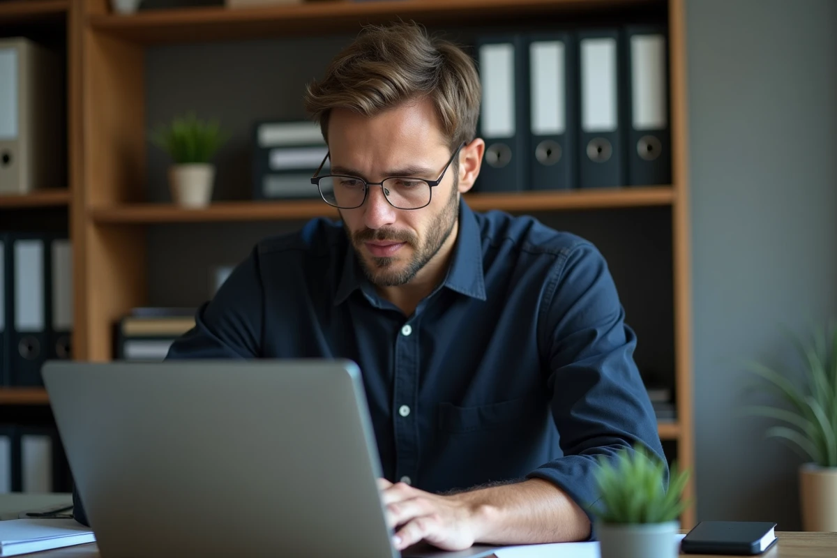 Homme vérifiant un numéro de portable sur un annuaire en ligne suspect depuis son bureau à domicile