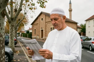 Homme musulman consultant un horaire de prière devant une mosquée à Livry-Gargan en Île-de-France