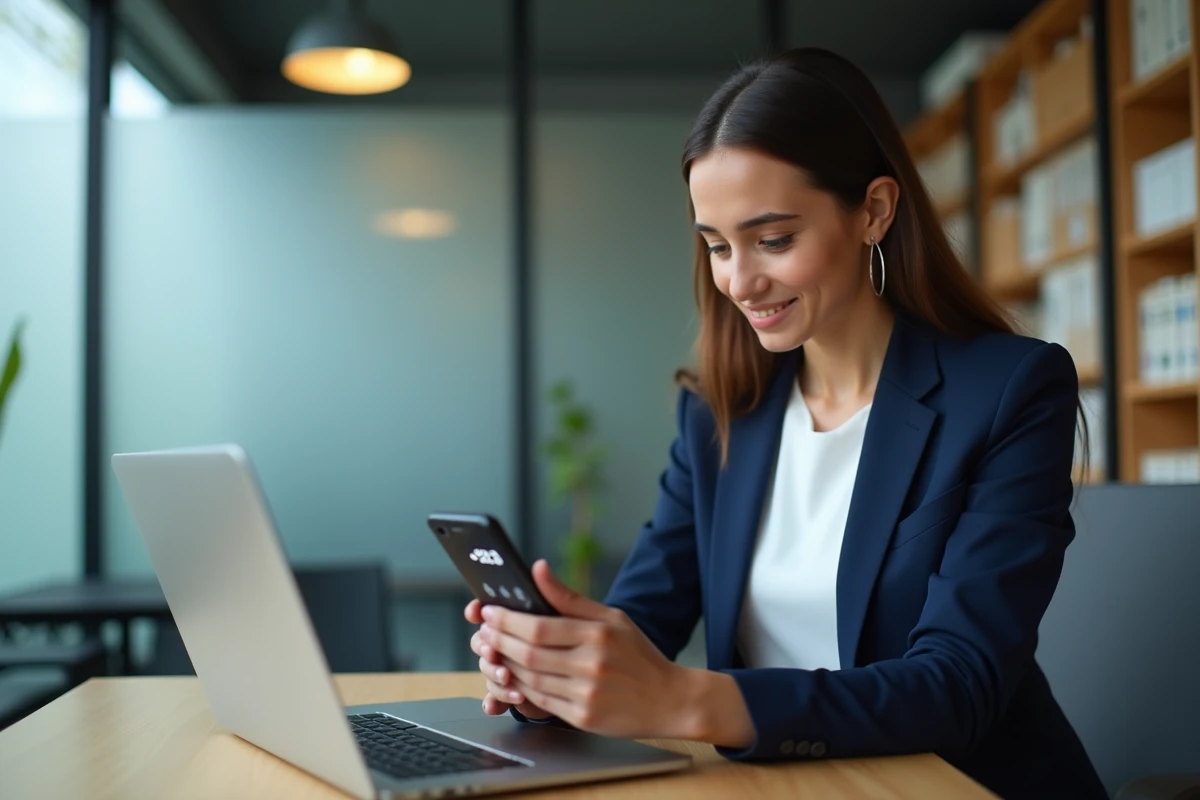 Femme en bureau composant l'indicatif +213 pour appeler l'Algérie depuis l'étranger