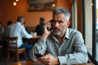 Homme algérien composant un numéro international sur son smartphone dans un café d'Alger