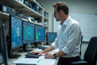 Ingénieur en physique calculant le champ électrique à partir du champ magnétique sur un logiciel de simulation électromagnétique en laboratoire