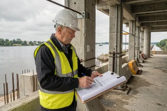 Ingénieur civil inspectant la structure d'un pont en béton avec des plans techniques, analyse des points de vulnérabilité structurelle