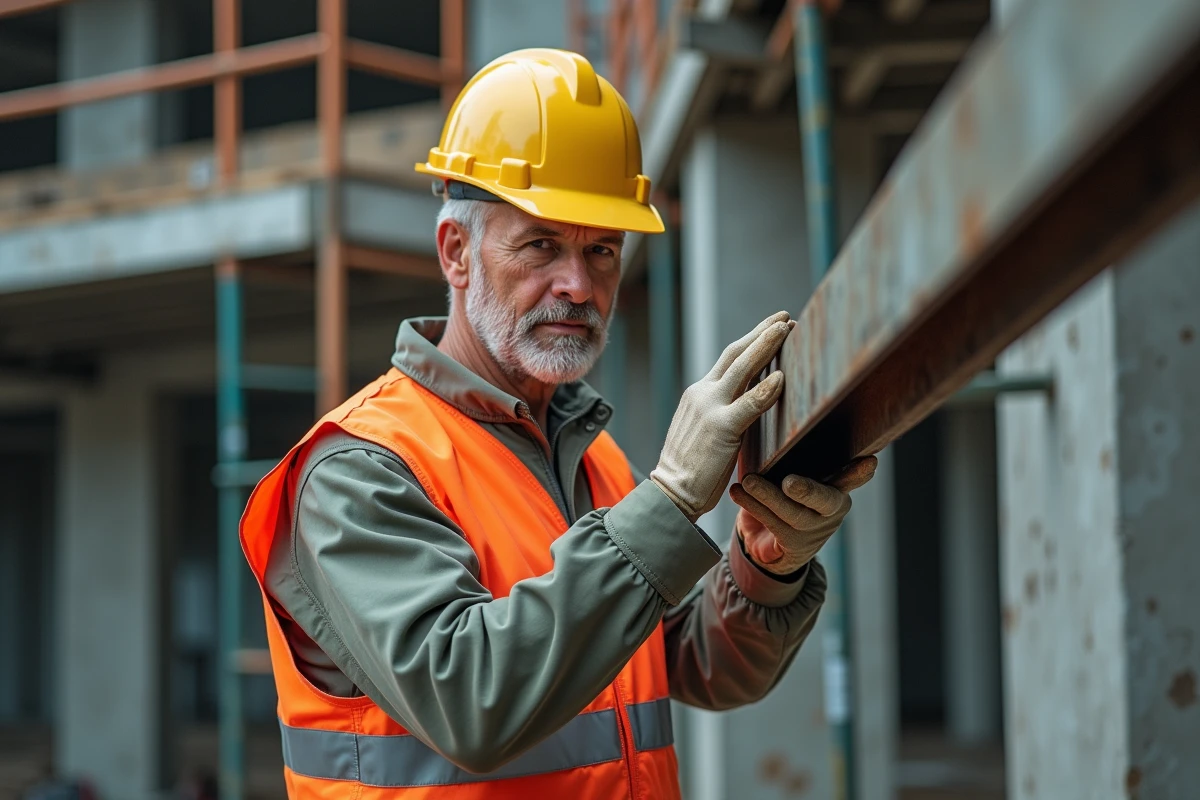 Ingénieur en structure inspectant un profilé en U en acier sur un chantier de construction avec structure en béton armé en arrière-plan