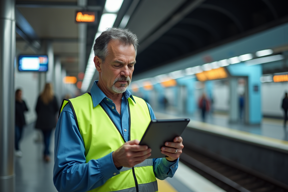Ingénieur de metro en uniforme examine une carte sur tablette
