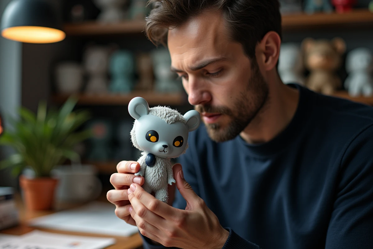 Collectionneur inspectant les finitions peintes d'une figurine Labubu à la loupe pour vérifier son authenticité