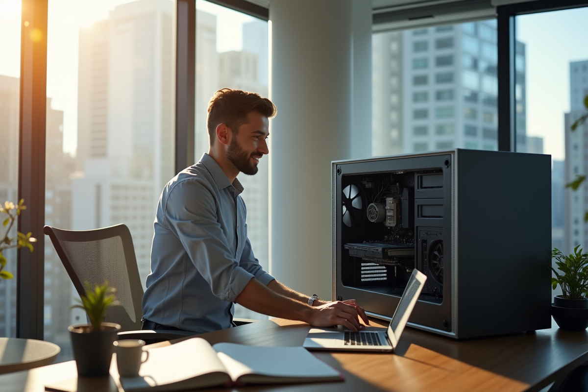 Employé souriant installant un nouveau PC haut de gamme sur un bureau moderne