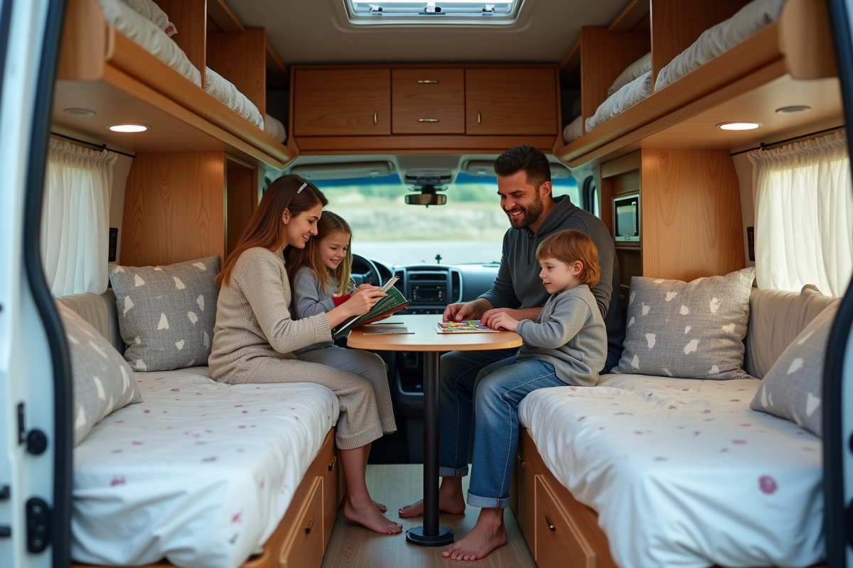 Intérieur spacieux d un van avec lits et famille lisant