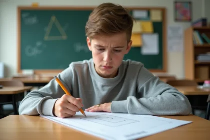 Adolescent en classe examinant un dessin de pyramide dans son cahier