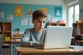 Jeune adolescent concentré sur son ordinateur dans une salle de classe moderne