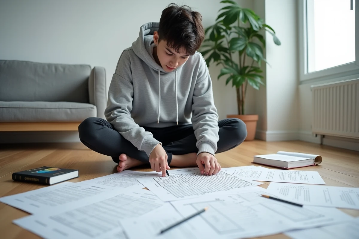Jeune adulte entouré de grilles de mots fléchés et d'un dictionnaire français sur un plancher en bois