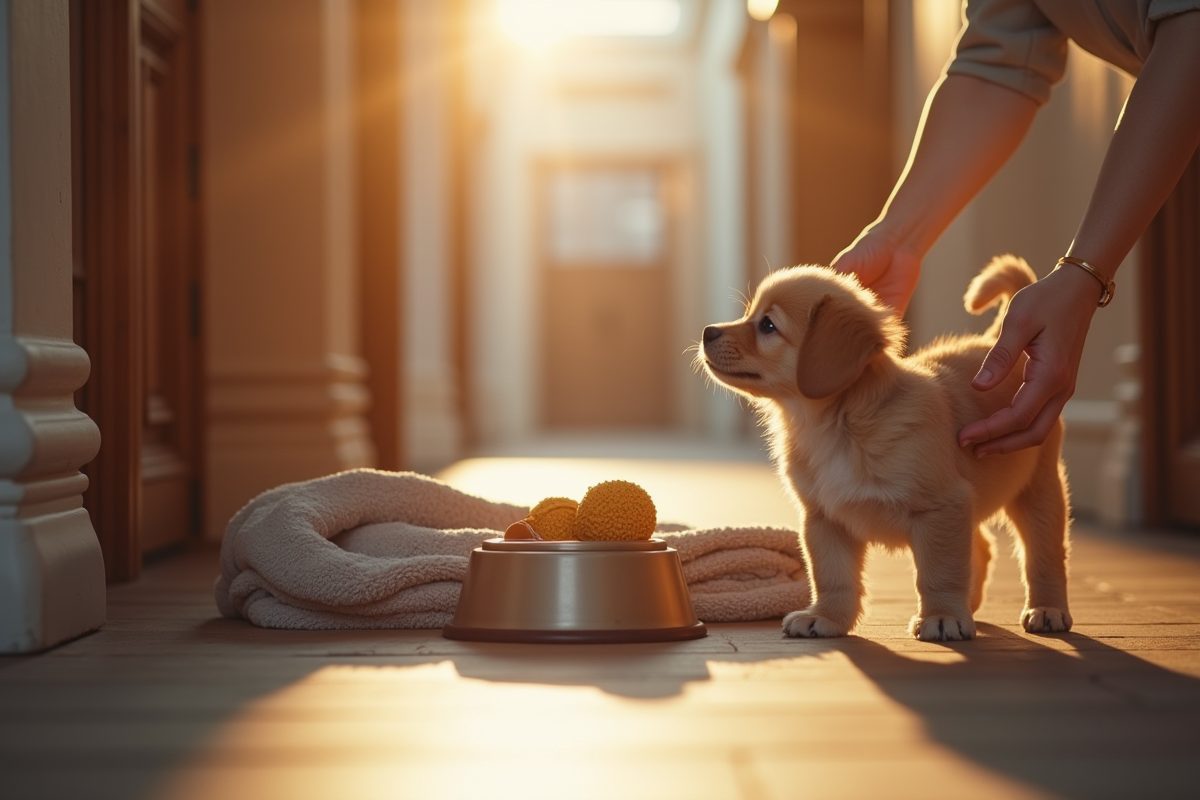Main plaçant jouets et accessoires pour chiot