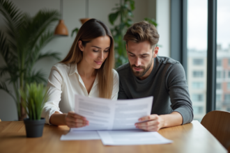 Jeune couple en intérieur examine des documents de prêt immobilier