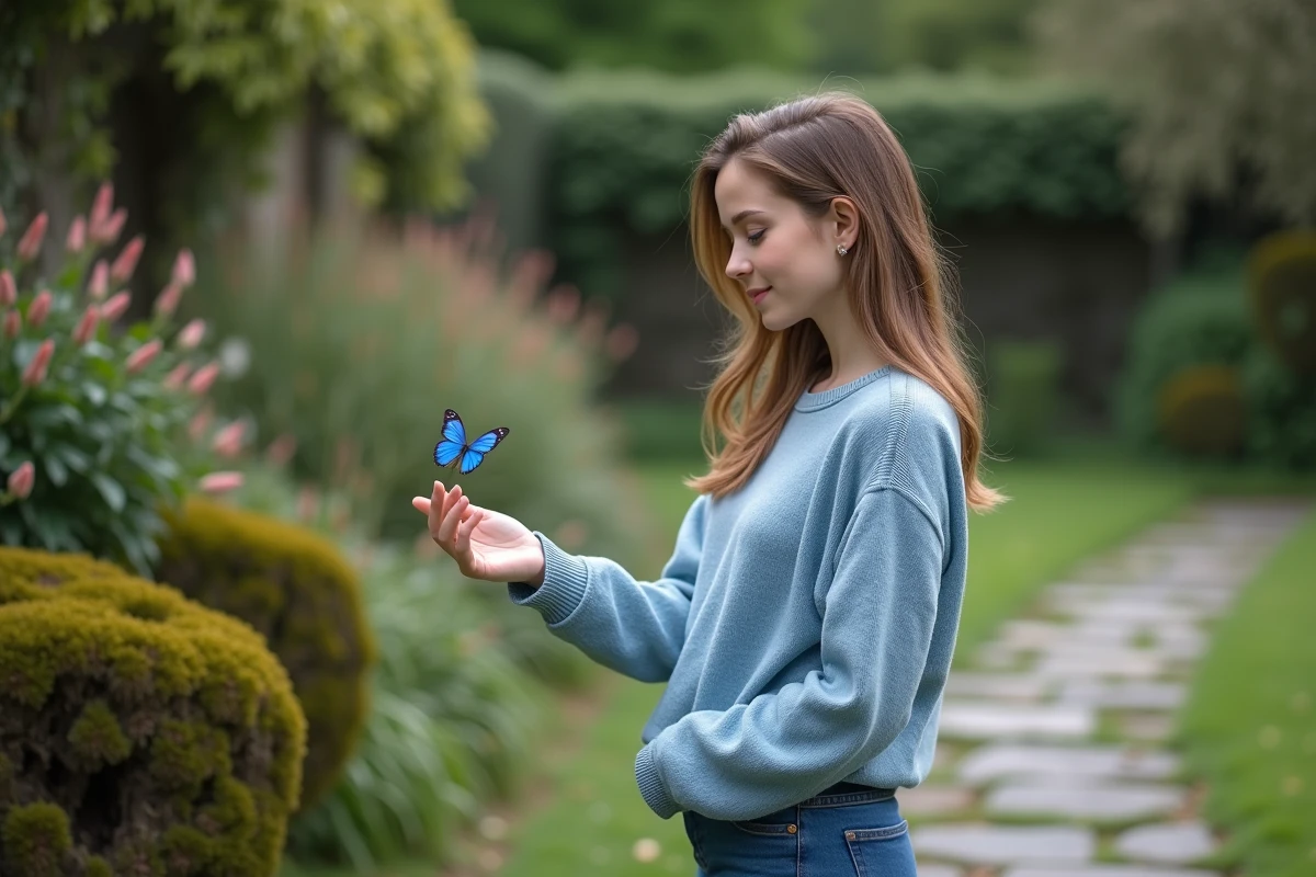 Jeune femme dans un jardin avec un papillon bleu sur la main