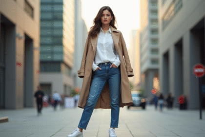 Jeune femme élégante dans la rue en mode classique