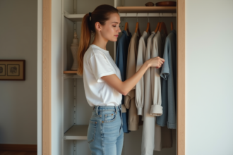 Jeune femme dans une chambre minimaliste trie sa garde-robe