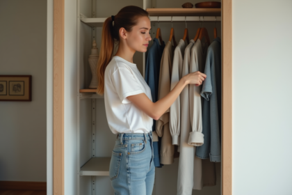 Jeune femme dans une chambre minimaliste trie sa garde-robe