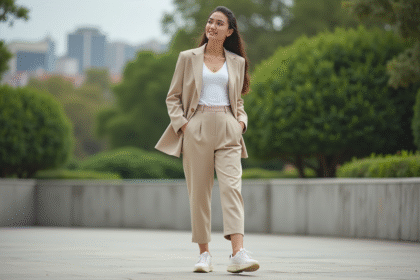 Jeune femme en tailleur beige dans un parc urbain