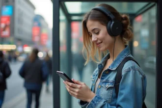 Jeune femme avec casque et smartphone dans la ville
