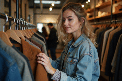 Jeune femme en denim et pull en laine dans une boutique vintage