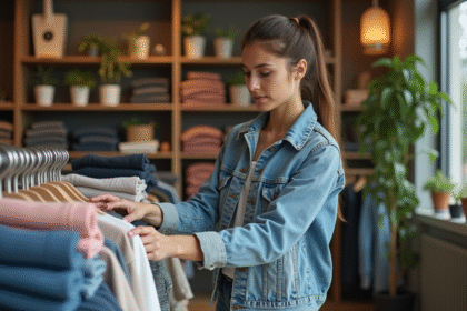 Jeune femme en denim dans une boutique moderne