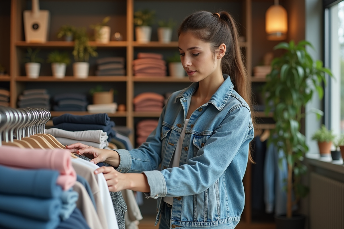 Jeune femme en denim dans une boutique moderne