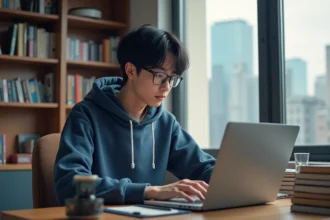 Jeune homme lisant manga sur son ordinateur dans un appartement moderne
