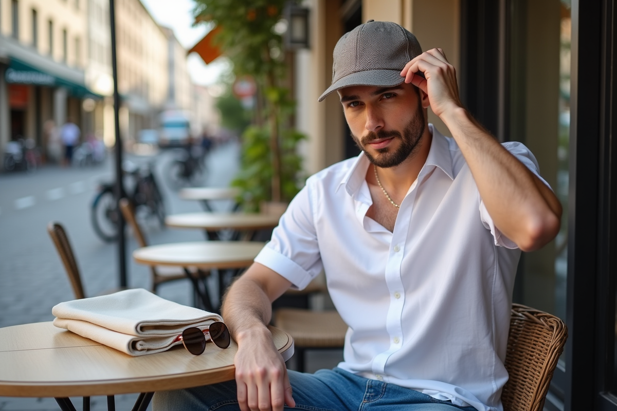 Jeune homme au café en extérieur ajustant sa casquette